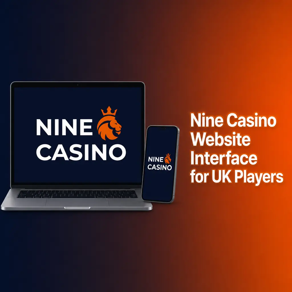 Nine Casino website interface showing dark navy layout with orange accent buttons